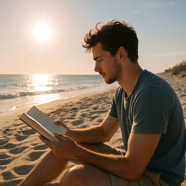 AI afbeelding van man die boek aan het lezen in op strand