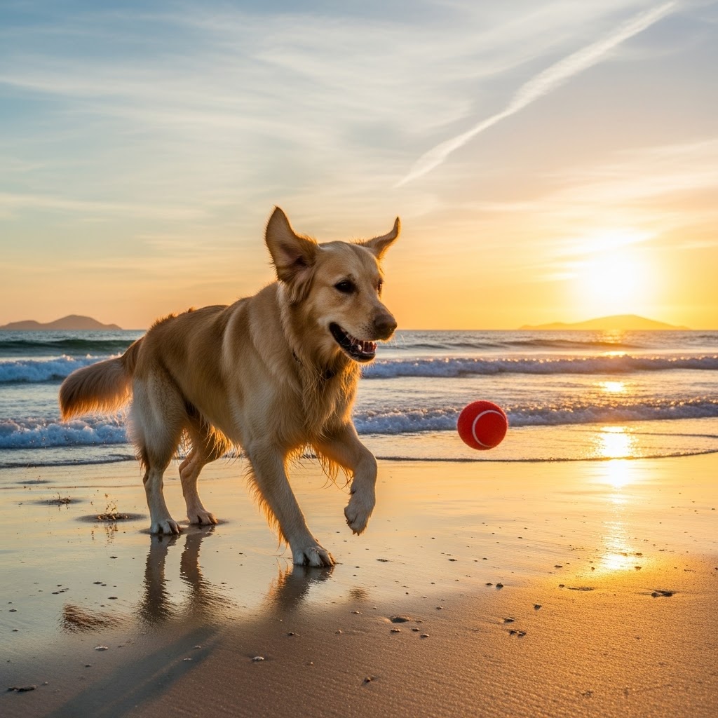 ai-afbeelding van hond op het strand met schadum die niet klopt
